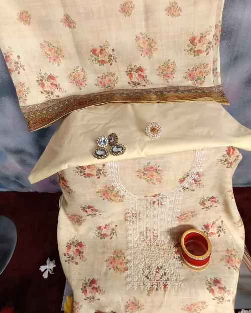 Lemon Embroidered Work Linen Fabric Suit