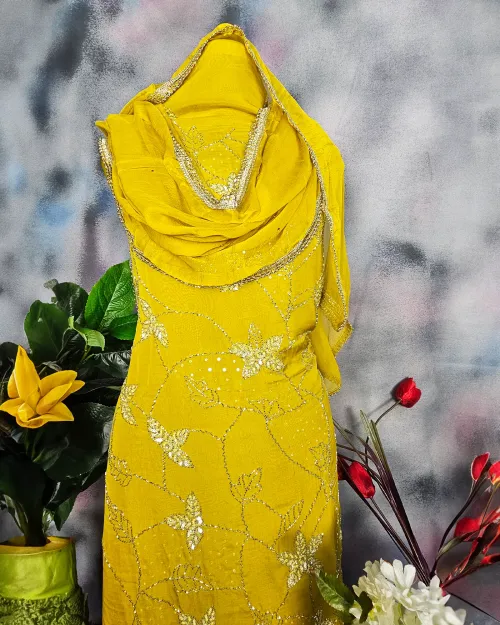 Yellow Stone Work Chiffon Party Wear Suit