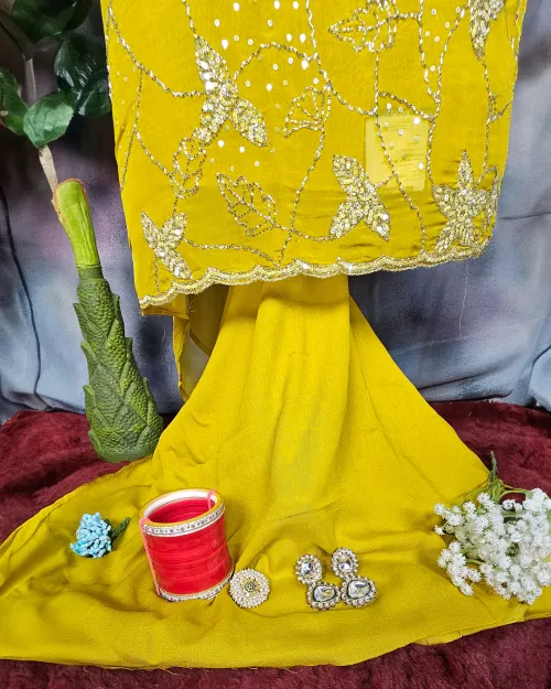 Yellow Stone Work Chiffon Party Wear Suit