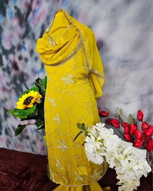 Yellow Stone Work Chiffon Party Wear Suit