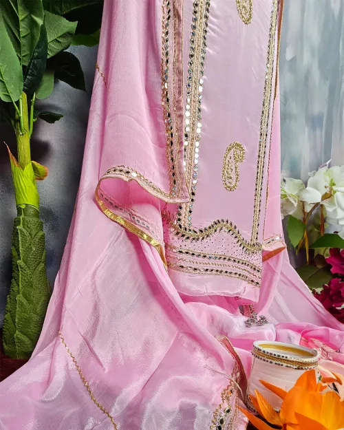 Pink Stone Work Crape Silk Party Wear Suit