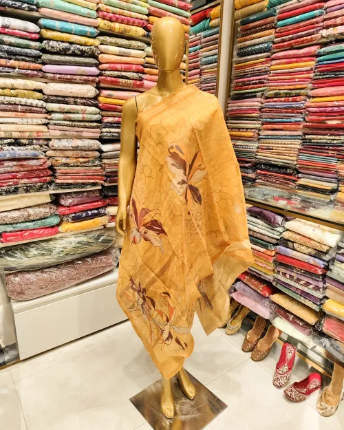 Mustard Embroidery Work Organza Suit