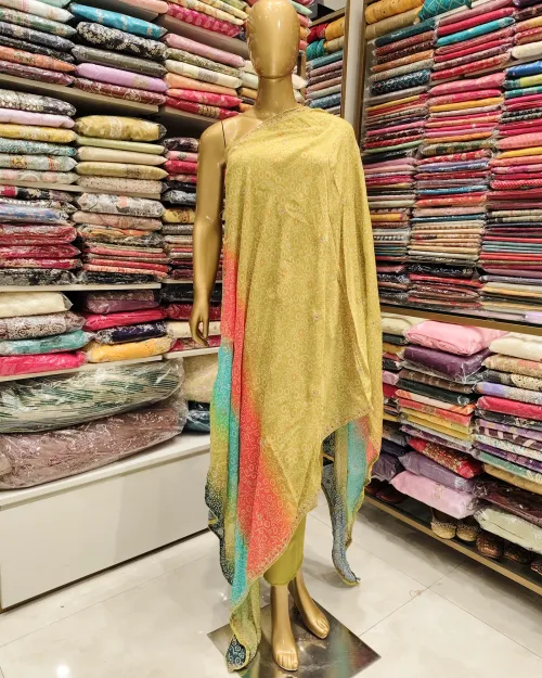 Green Chinon Chiffon Fabric Unstitched Suit