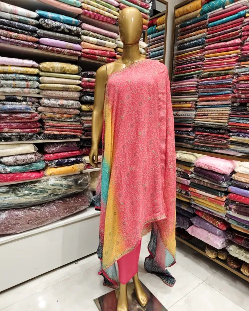 Peach Color Chinon Chiffon Fabric Unstitched Suit