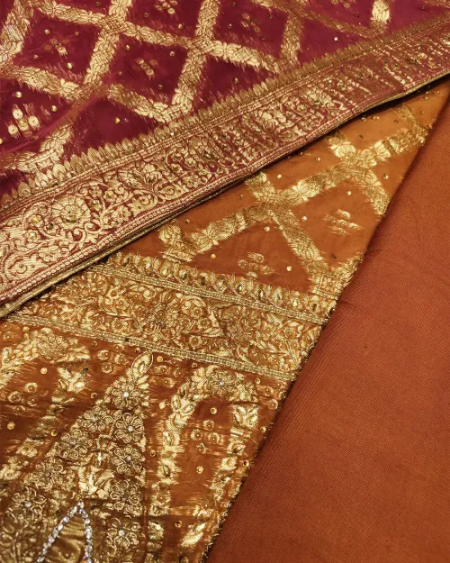 Rust Brown Stone & Zari Work Unstitched Suit