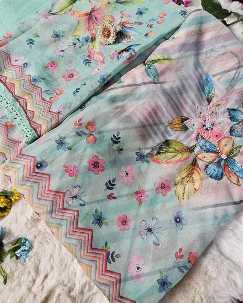 Ice Green Oganza Fabric Unstitched Suits