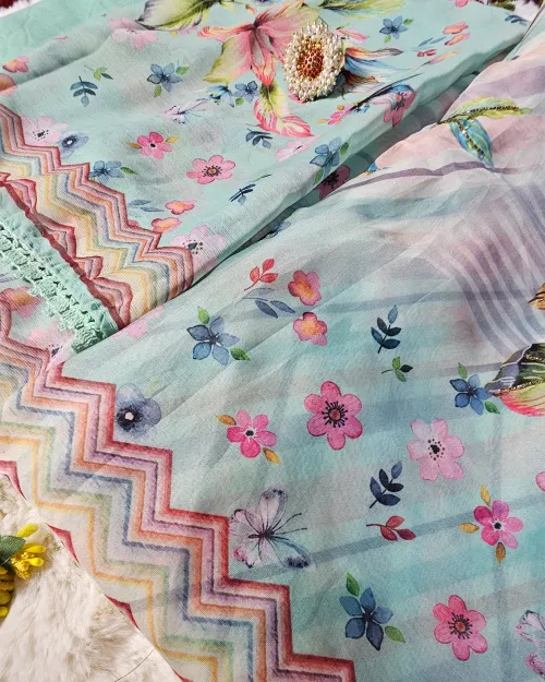 Ice Green Oganza Fabric Unstitched Suits