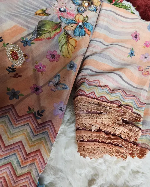 Peach Color Organza Printed Style Suit