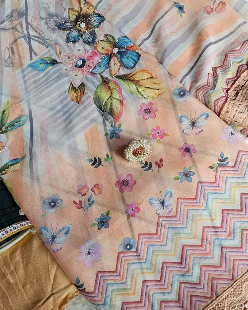 Peach Color Organza Printed Style Suit
