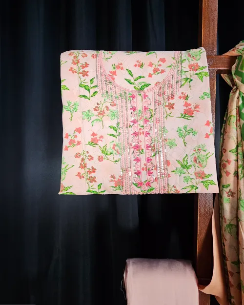 Peach Color Embroidery Work Suit