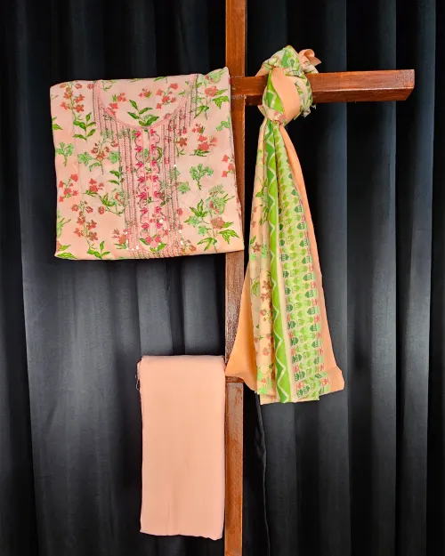 Peach Color Embroidery Work Suit