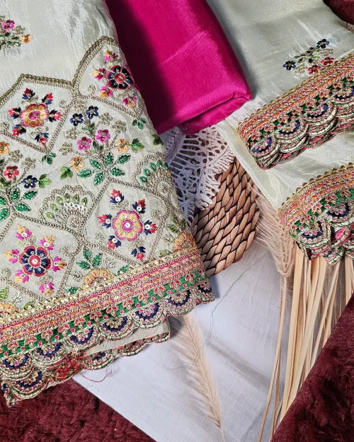 Golden Zari Work Unstitched Suit