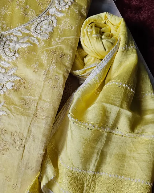 Lemon Color Embroidered Work Suit