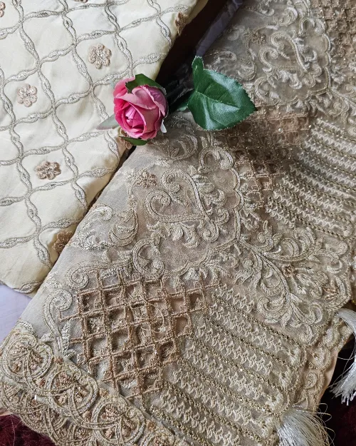Beige Embroidered & Zari Work Unstitched Suit