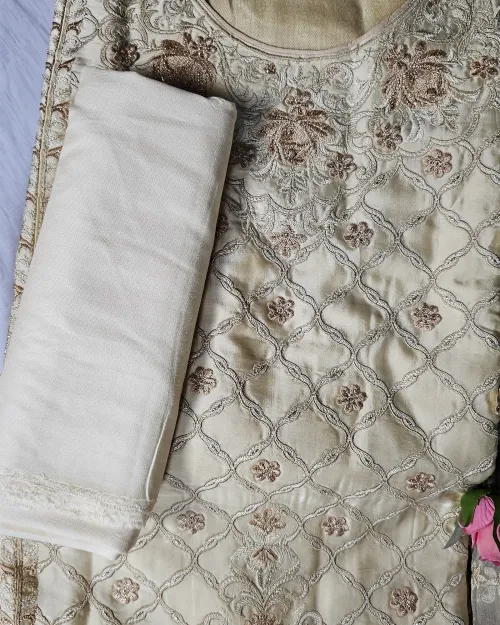 Beige Embroidered & Zari Work Unstitched Suit