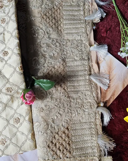 Beige Embroidered & Zari Work Unstitched Suit