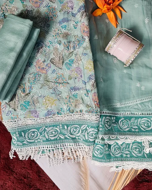 Ice Blue Embroidered Work Suit