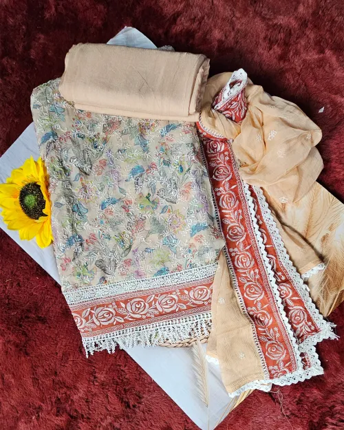 Beige Embroidered Casual Wear Suit