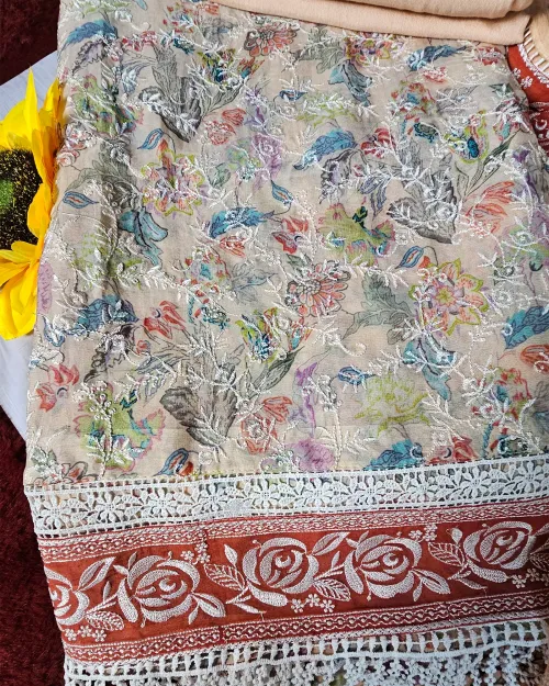 Beige Embroidered Casual Wear Suit