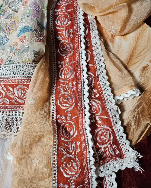 Beige Embroidered Casual Wear Suit