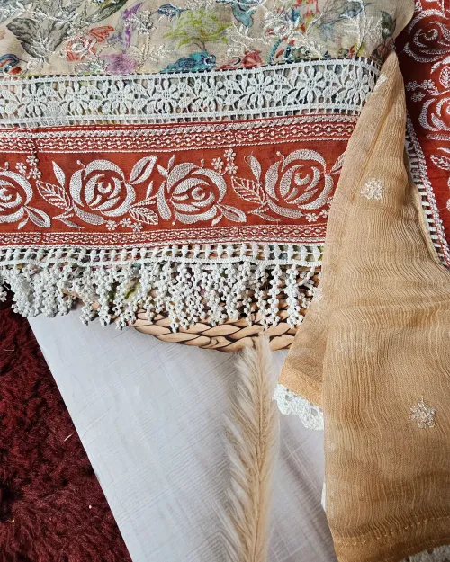 Beige Embroidered Casual Wear Suit