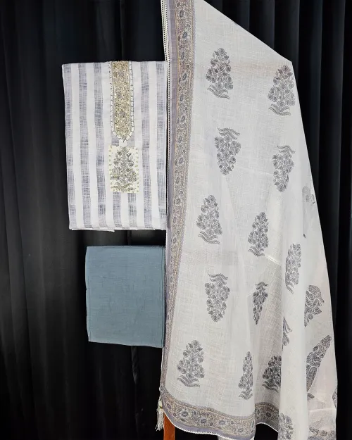 Grey & White Stone & Zari Work Casual Wear Suit