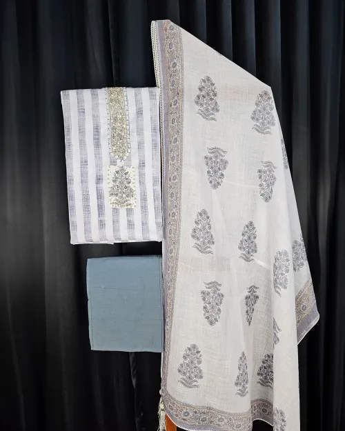 Grey & White Stone & Zari Work Casual Wear Suit
