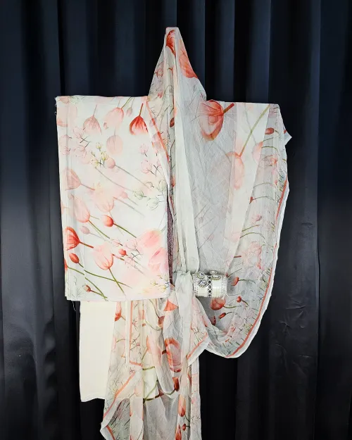 White Printed Crepe Silk Fabric Suit