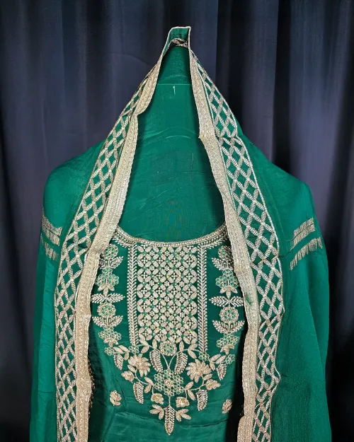Bottle Green Stone Work Crepe Silk Suit Set