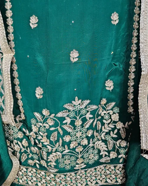 Bottle Green Stone Work Crepe Silk Suit Set