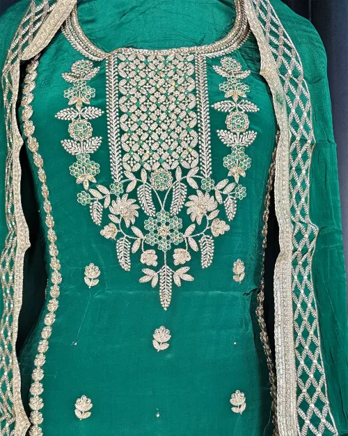 Bottle Green Stone Work Crepe Silk Suit Set