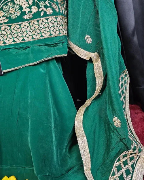Bottle Green Stone Work Crepe Silk Suit Set