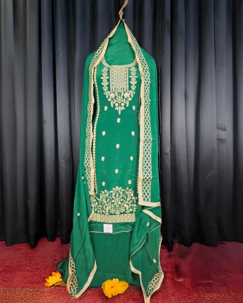 Bottle Green Stone Work Crepe Silk Suit Set