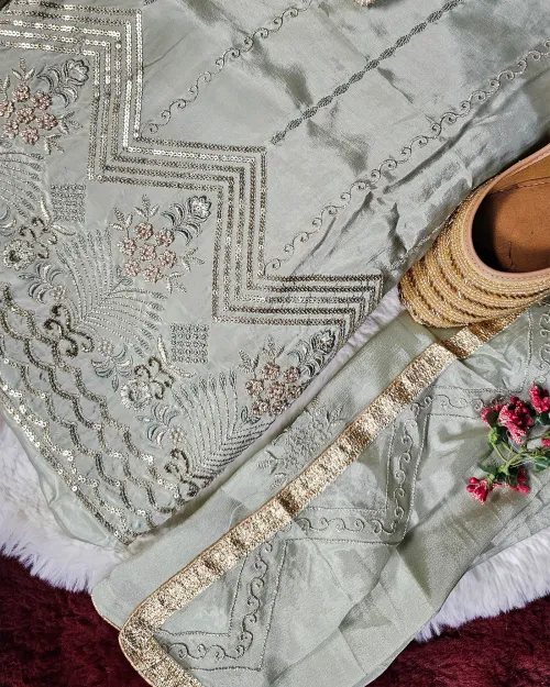 Pista Green Stone Work Crepe Silk Suit