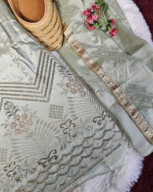 Pista Green Stone Work Crepe Silk Suit