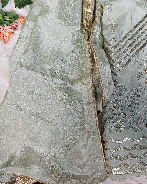Pista Green Stone Work Crepe Silk Suit