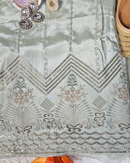 Pista Green Stone Work Crepe Silk Suit