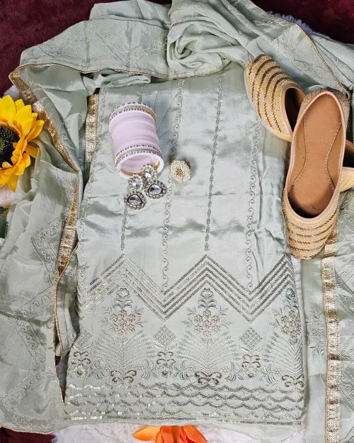 Pista Green Stone Work Crepe Silk Suit