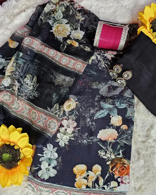 Black Color Crepe Silk Suit Set