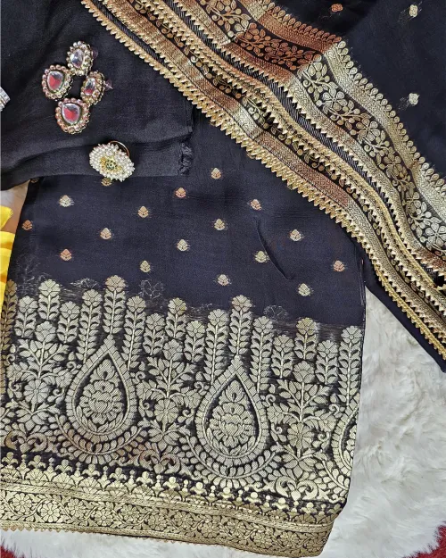 Black Zari Work Organza Casual Wear Suit Set