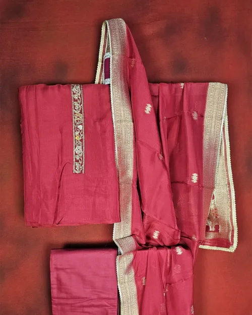 Red Cotton Silk Casual Wear Suit