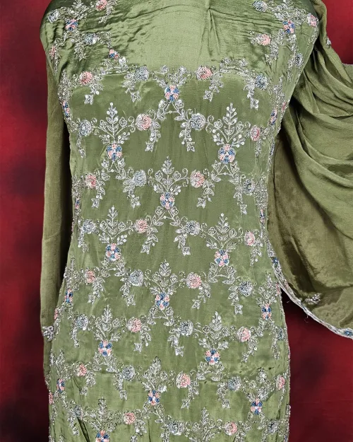 Green Stone Work Crepe Silk Unstitched Suit Set
