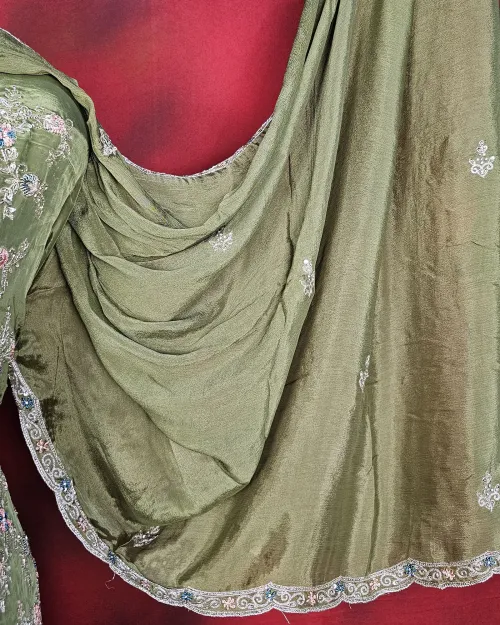 Green Stone Work Crepe Silk Unstitched Suit Set