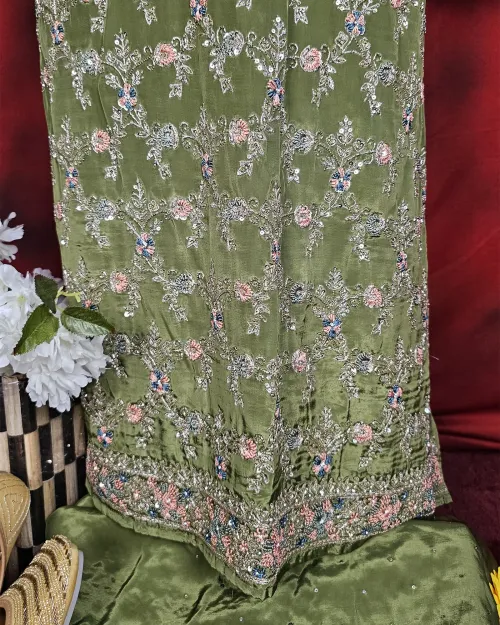 Green Stone Work Crepe Silk Unstitched Suit Set