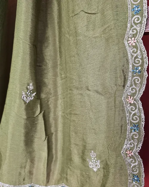 Green Stone Work Crepe Silk Unstitched Suit Set