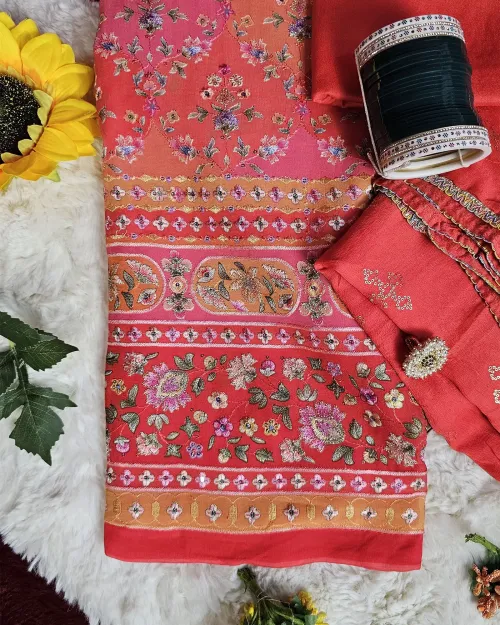 Gajari Red Embroidery Work Cotton Silk Unstitched Suit Set