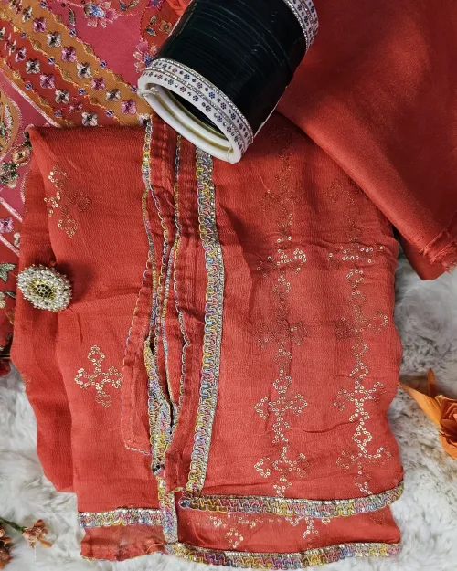 Gajari Red Embroidery Work Cotton Silk Unstitched Suit Set