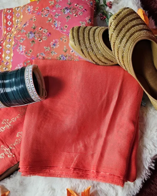 Gajari Red Embroidery Work Cotton Silk Unstitched Suit Set