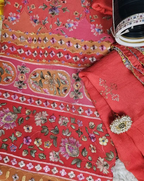 Gajari Red Embroidery Work Cotton Silk Unstitched Suit Set