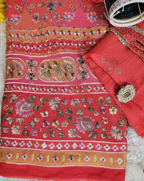 Gajari Red Embroidery Work Cotton Silk Unstitched Suit Set